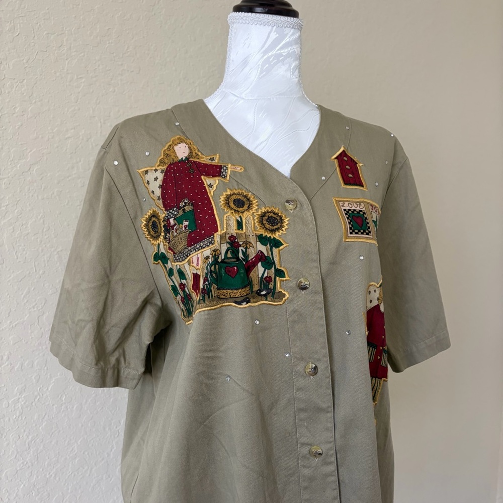 Quacker Factory Gardening Angel Cottagecore Grandma Core Button-Up‎ L